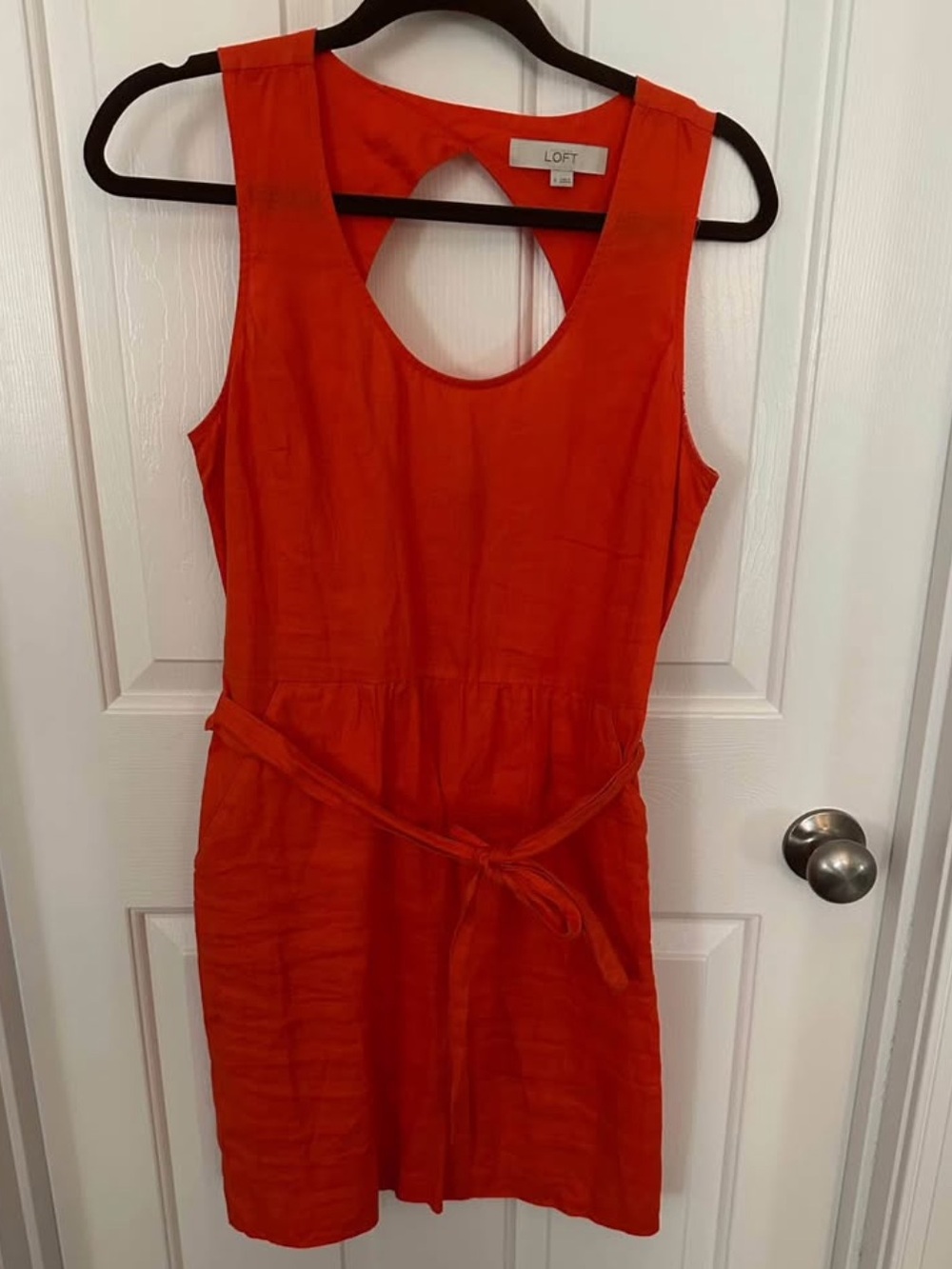 LOFT Linen Coral Tie-Waist Dress with Keyhole Back - Size 6